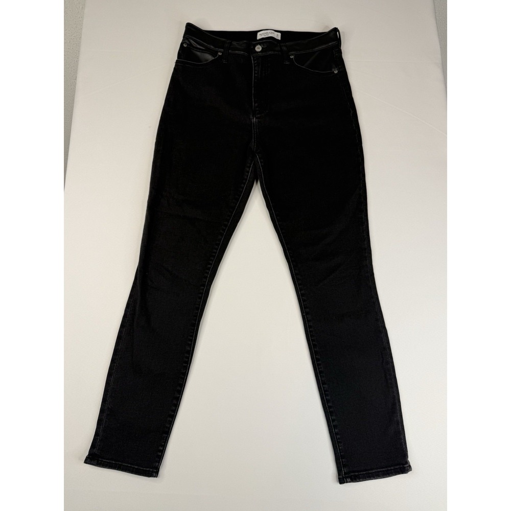 Abercrombie & Fitch Super Skinny Ankle High Rise Black Jeans Leather Trim 31x12